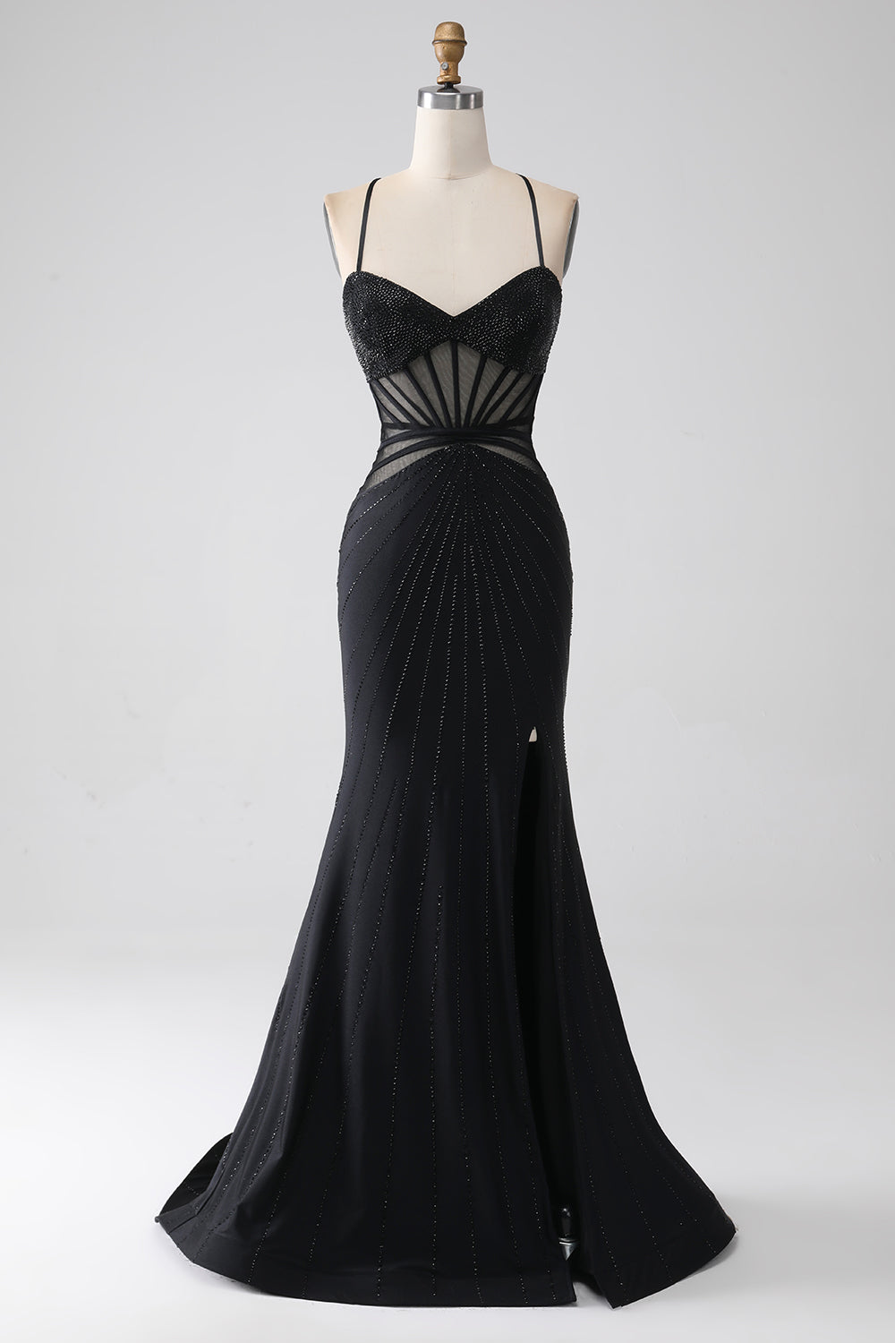 Mermaid Black Spaghetti Straps Long Ball Dress with Slit
