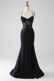 Mermaid Black Spaghetti Straps Long Ball Dress with Slit