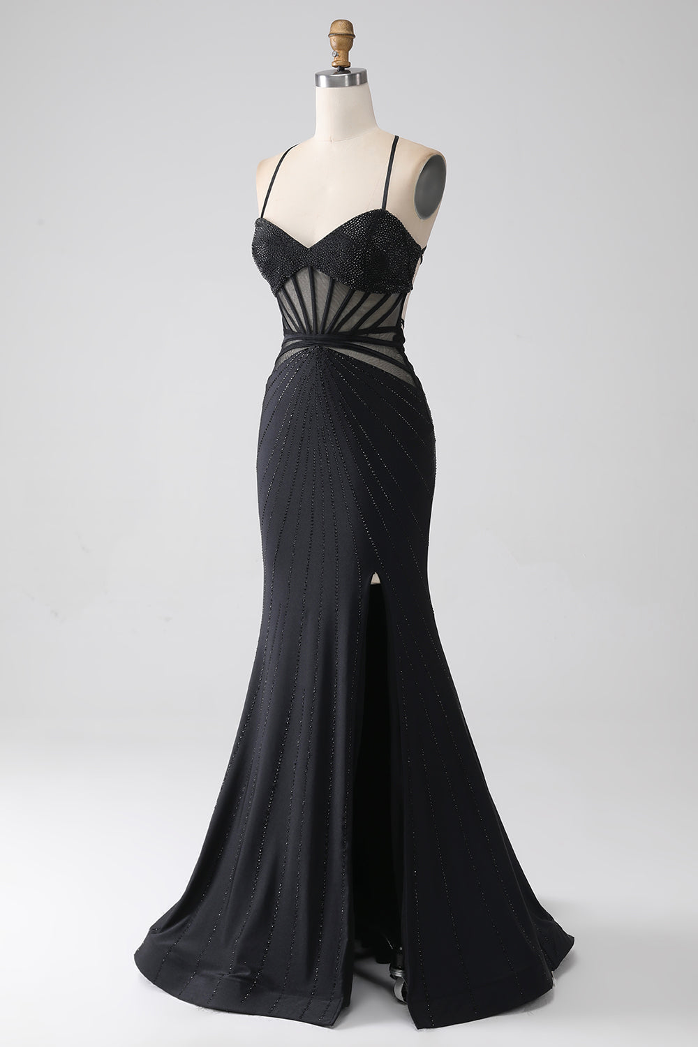 Mermaid Black Spaghetti Straps Long Ball Dress with Slit