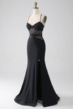 Mermaid Black Spaghetti Straps Long Ball Dress with Slit