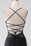 Mermaid Black Spaghetti Straps Long Ball Dress with Slit