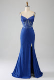 Royal Blue Mermaid Corset Ball Dress with Beading