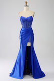 Mermaid Strapless Royal Blue Corset Ball Dress with Beading