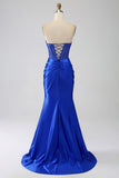 Royal Blue Mermaid Strapless Corset Long Ball Dress with Beading