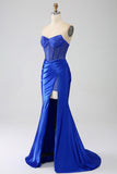 Mermaid Strapless Royal Blue Corset Ball Dress with Beading