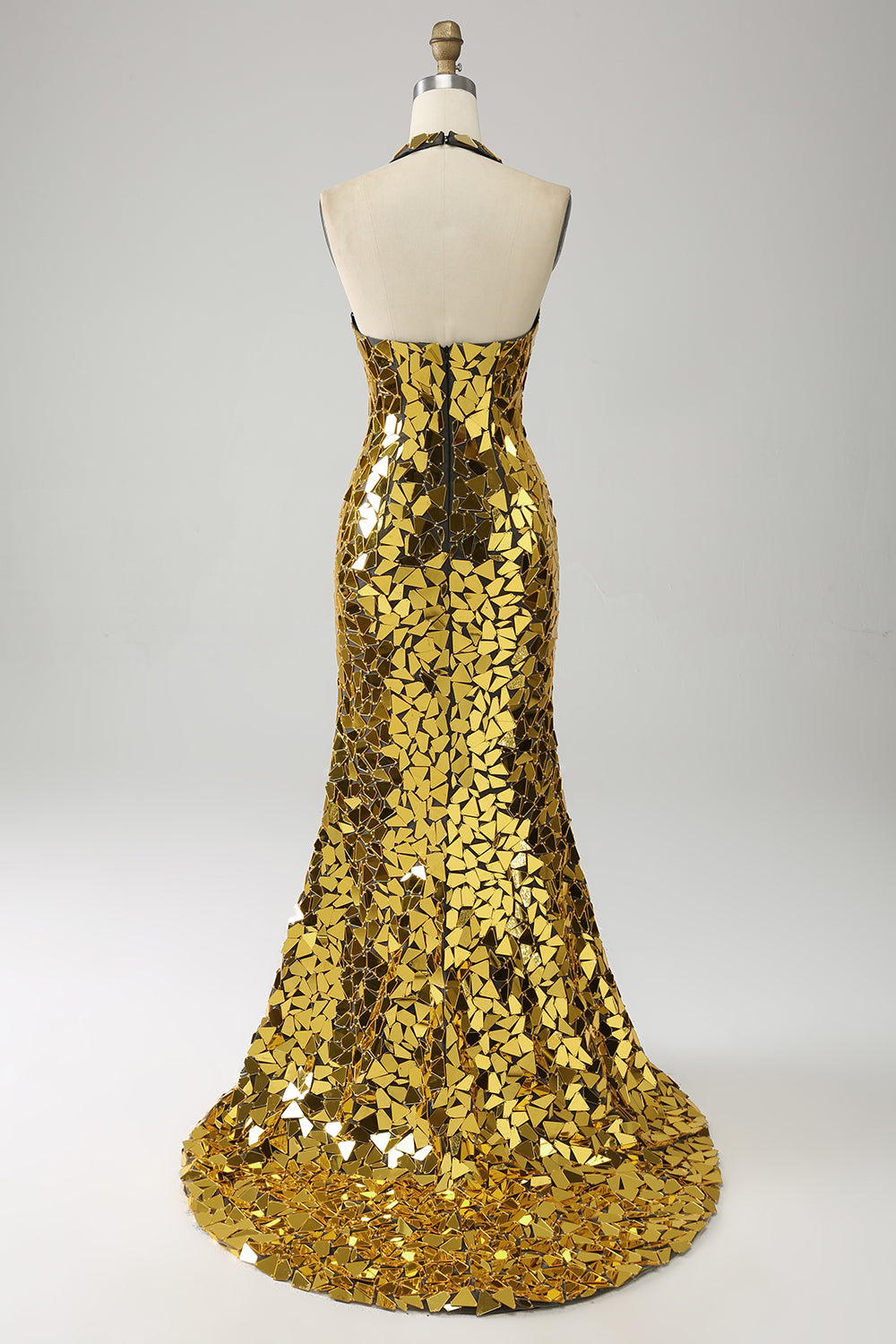 Golden Mermaid Halter Deep V-Neck Backless Mirror Ball Dress With High Slit