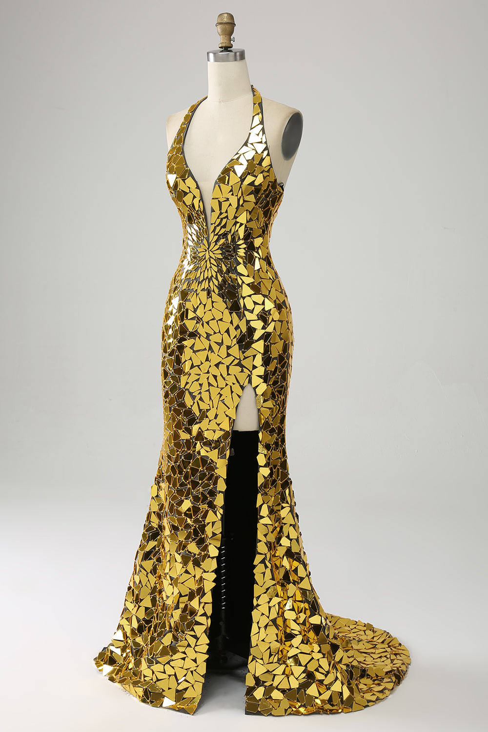 Golden Mermaid Halter Deep V-Neck Backless Mirror Ball Dress With High Slit