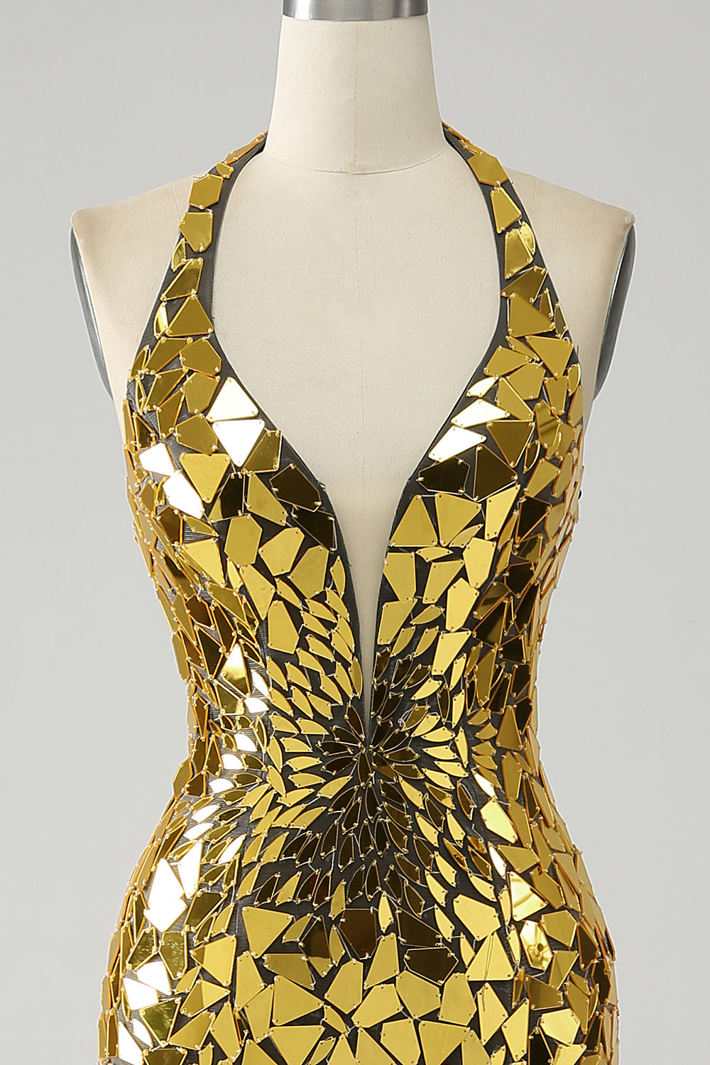 Golden Mermaid Halter Deep V-Neck Backless Mirror Ball Dress With High Slit
