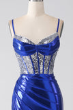 Royal Blue Mermaid Sparkly Sequin Pleated Corset Ball Dress With Slit