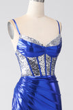 Royal Blue Mermaid Sparkly Sequin Pleated Corset Ball Dress With Slit