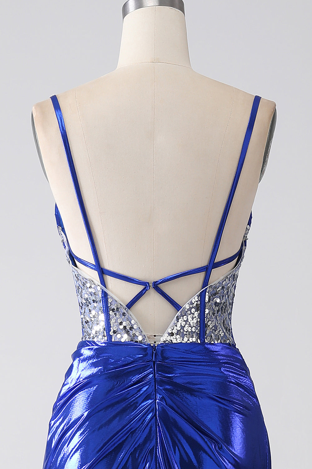 Royal Blue Mermaid Sparkly Sequin Pleated Corset Ball Dress With Slit