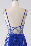 Royal Blue Mermaid Sparkly Sequin Pleated Corset Ball Dress With Slit