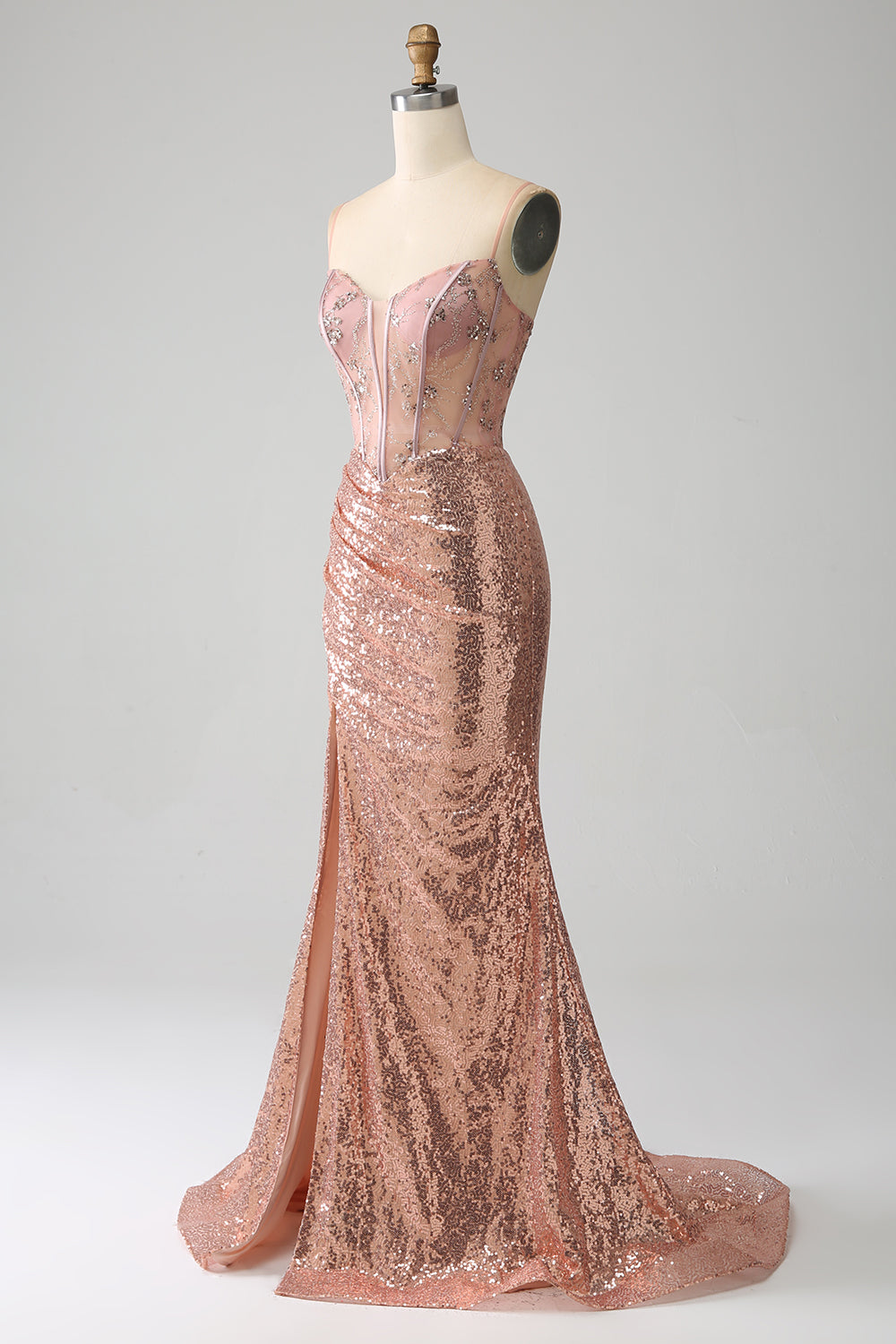 Rose Gold Mermaid Beaded Ruched Sequin Corset Ball Dress With Side Slit