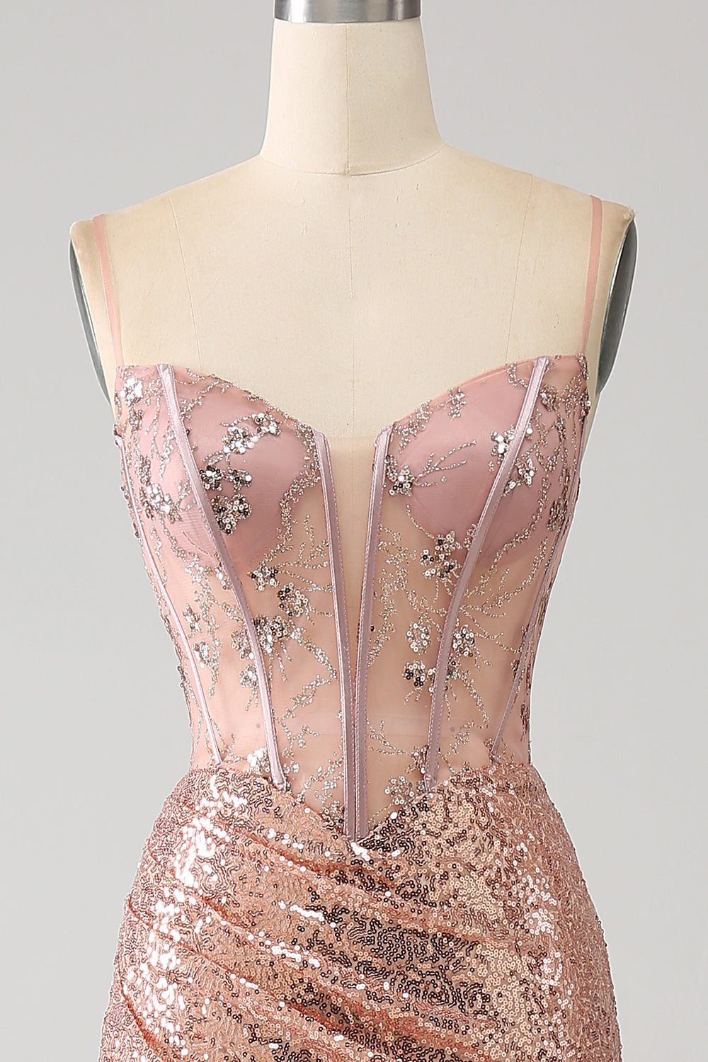 Rose Gold Mermaid Beaded Ruched Sequin Corset Ball Dress With Side Slit
