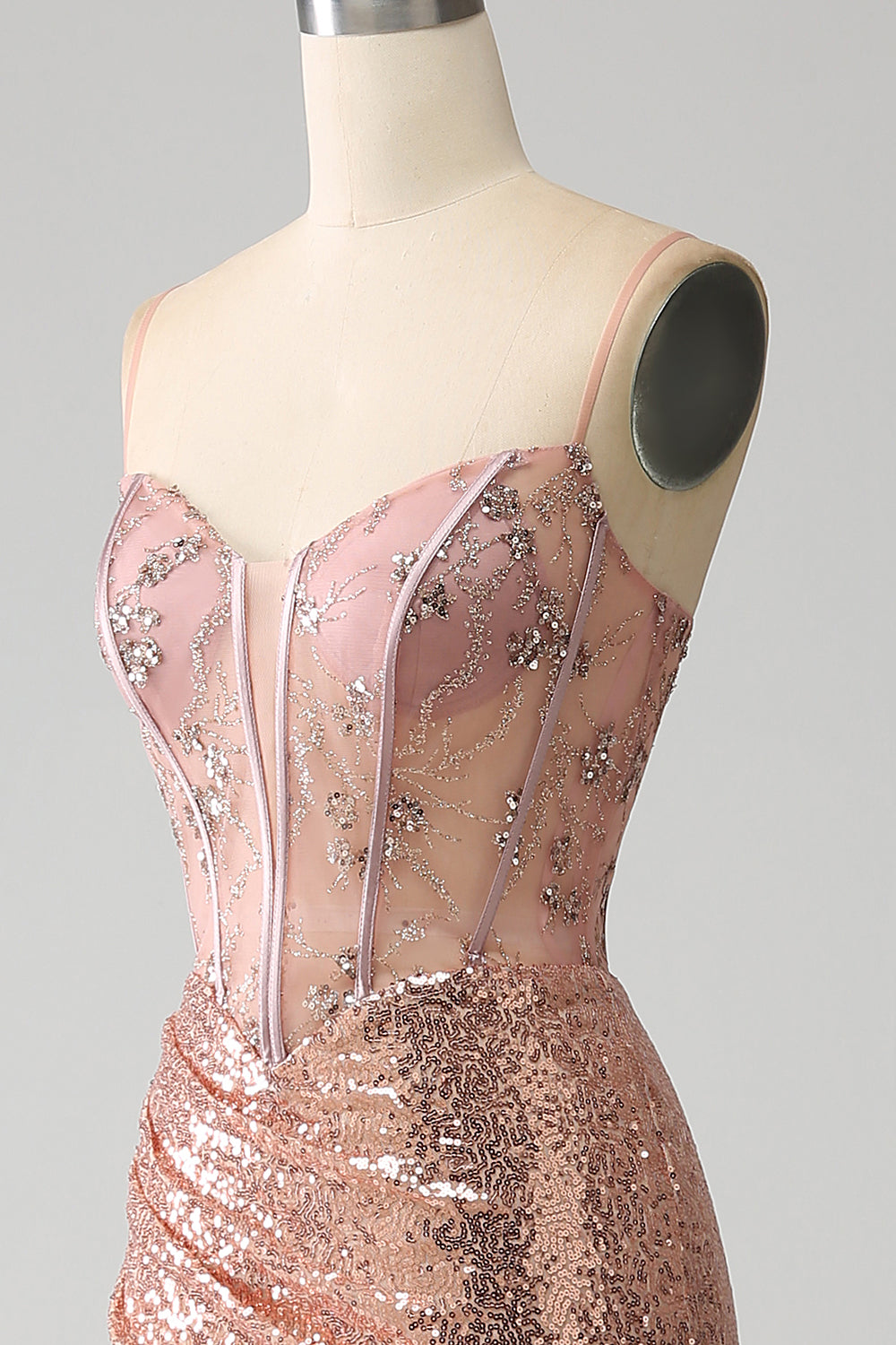 Rose Gold Mermaid Beaded Ruched Sequin Corset Ball Dress With Side Slit