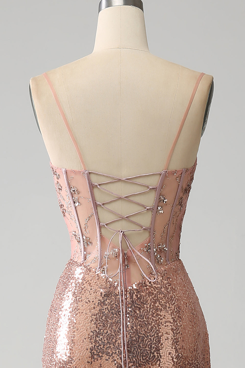Rose Gold Mermaid Beaded Ruched Sequin Corset Ball Dress With Side Slit