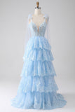 Light Blue Sweetheart Bow Tie Straps Tiered Tulle Sequin Ball Dress with Appliques