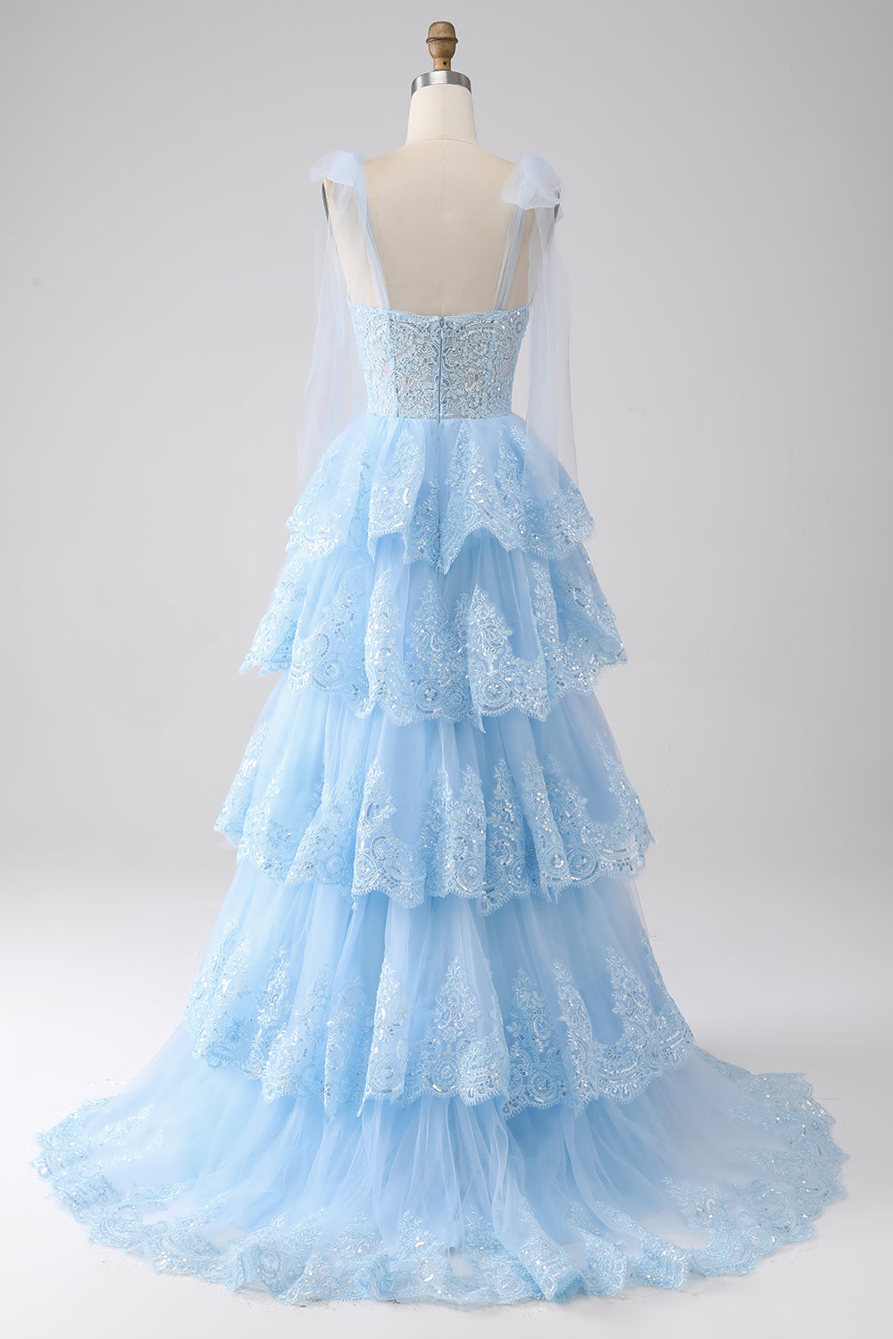 Light Blue Sweetheart Bow Tie Straps Tiered Tulle Sequin Ball Dress with Appliques