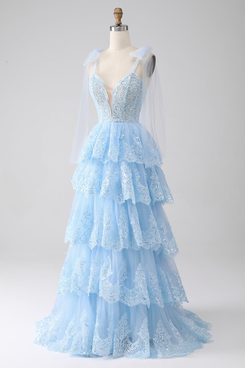 Light Blue Sweetheart Bow Tie Straps Tiered Tulle Sequin Ball Dress with Appliques