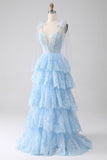 Light Blue Sweetheart Bow Tie Straps Tiered Tulle Sequin Ball Dress with Appliques