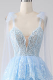Light Blue Sweetheart Bow Tie Straps Tiered Tulle Sequin Ball Dress with Appliques