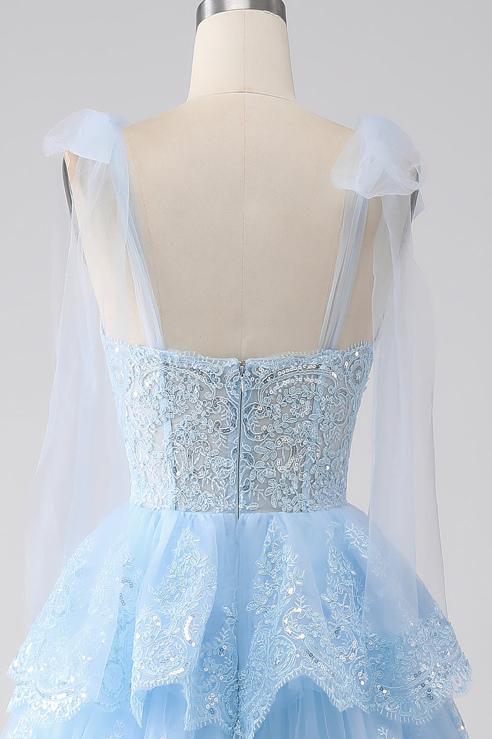 Light Blue Sweetheart Bow Tie Straps Tiered Tulle Sequin Ball Dress with Appliques