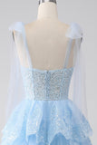 Light Blue Sweetheart Bow Tie Straps Tiered Tulle Sequin Ball Dress with Appliques