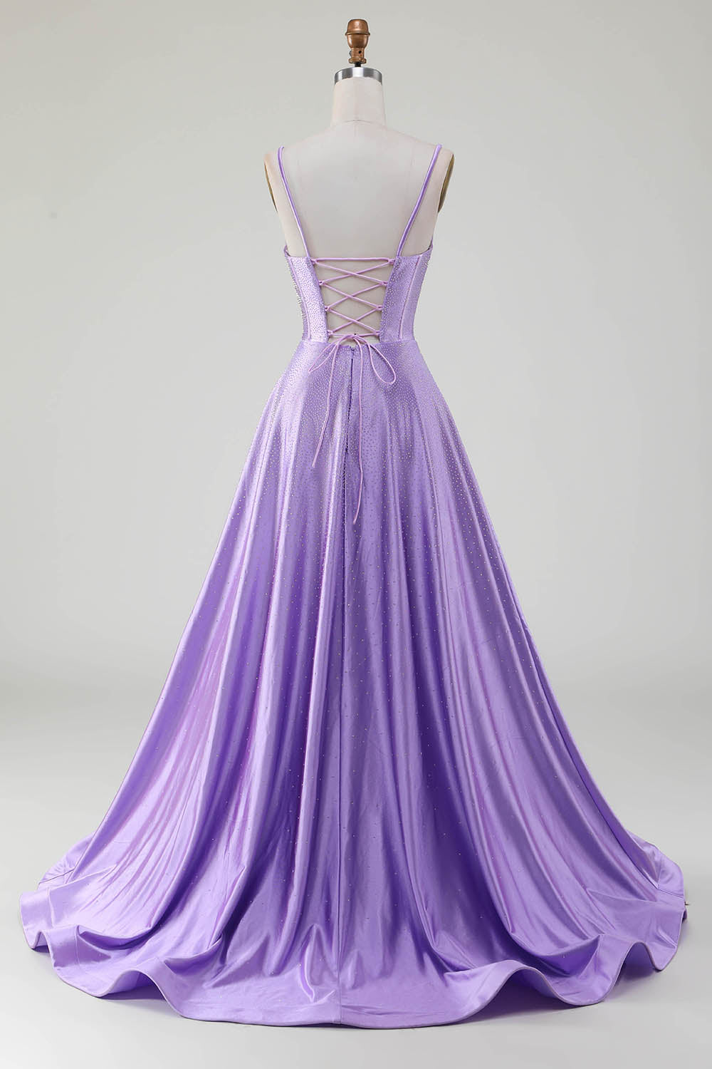 Simple Sparkly Lilac A-Line Side Slit Corset Ball Dresses with Rhinestones