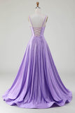 Simple Sparkly Lilac A-Line Side Slit Corset Ball Dresses with Rhinestones