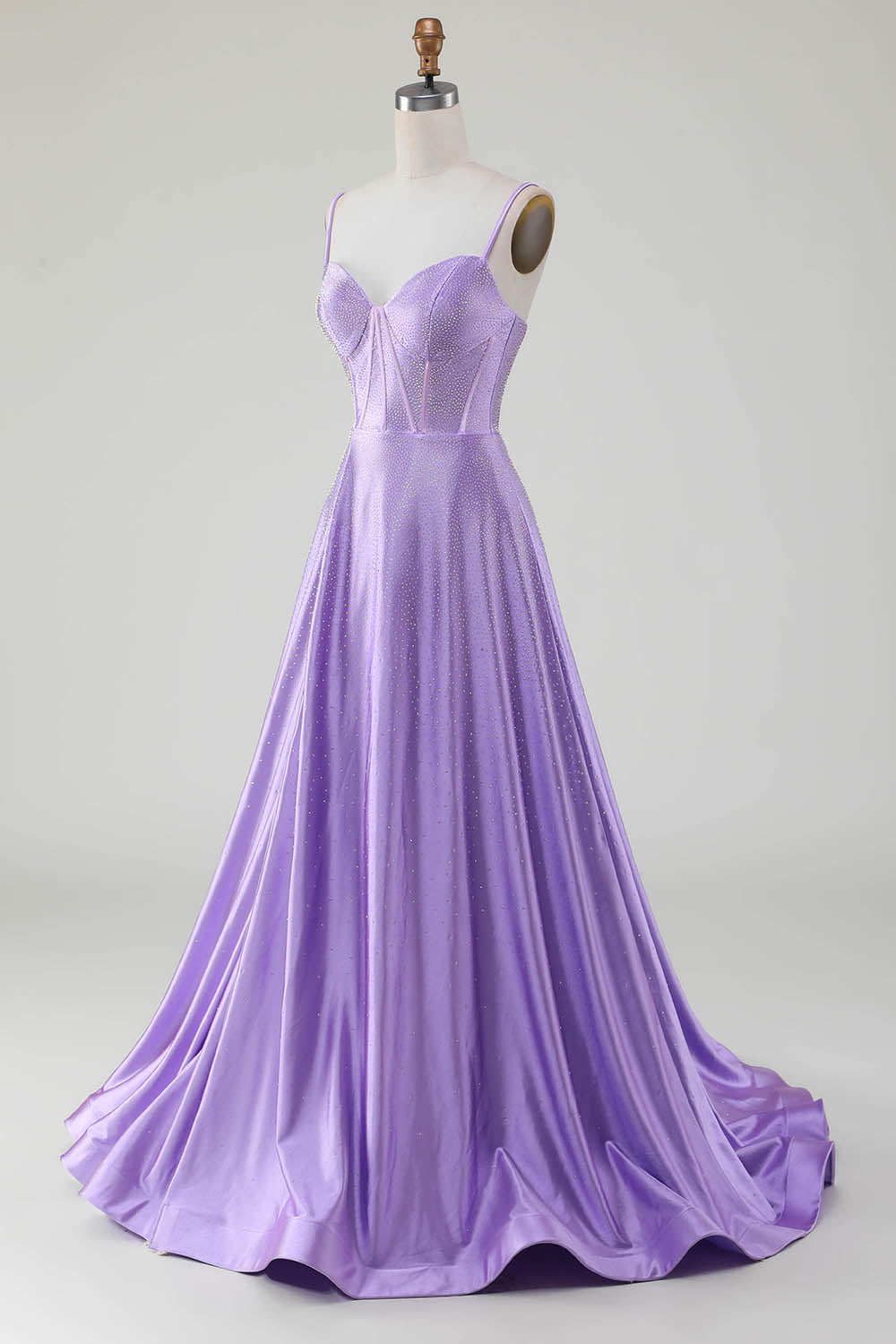 Simple Sparkly Lilac A-Line Side Slit Corset Ball Dresses with Rhinestones
