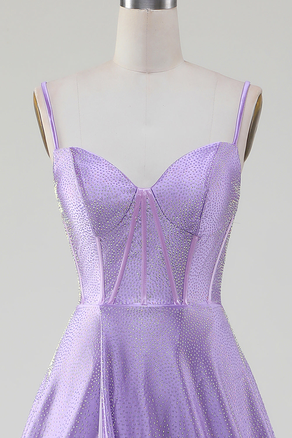 Simple Sparkly Lilac A-Line Side Slit Corset Ball Dresses with Rhinestones