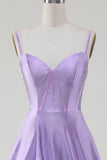 Simple Sparkly Lilac A-Line Side Slit Corset Ball Dresses with Rhinestones