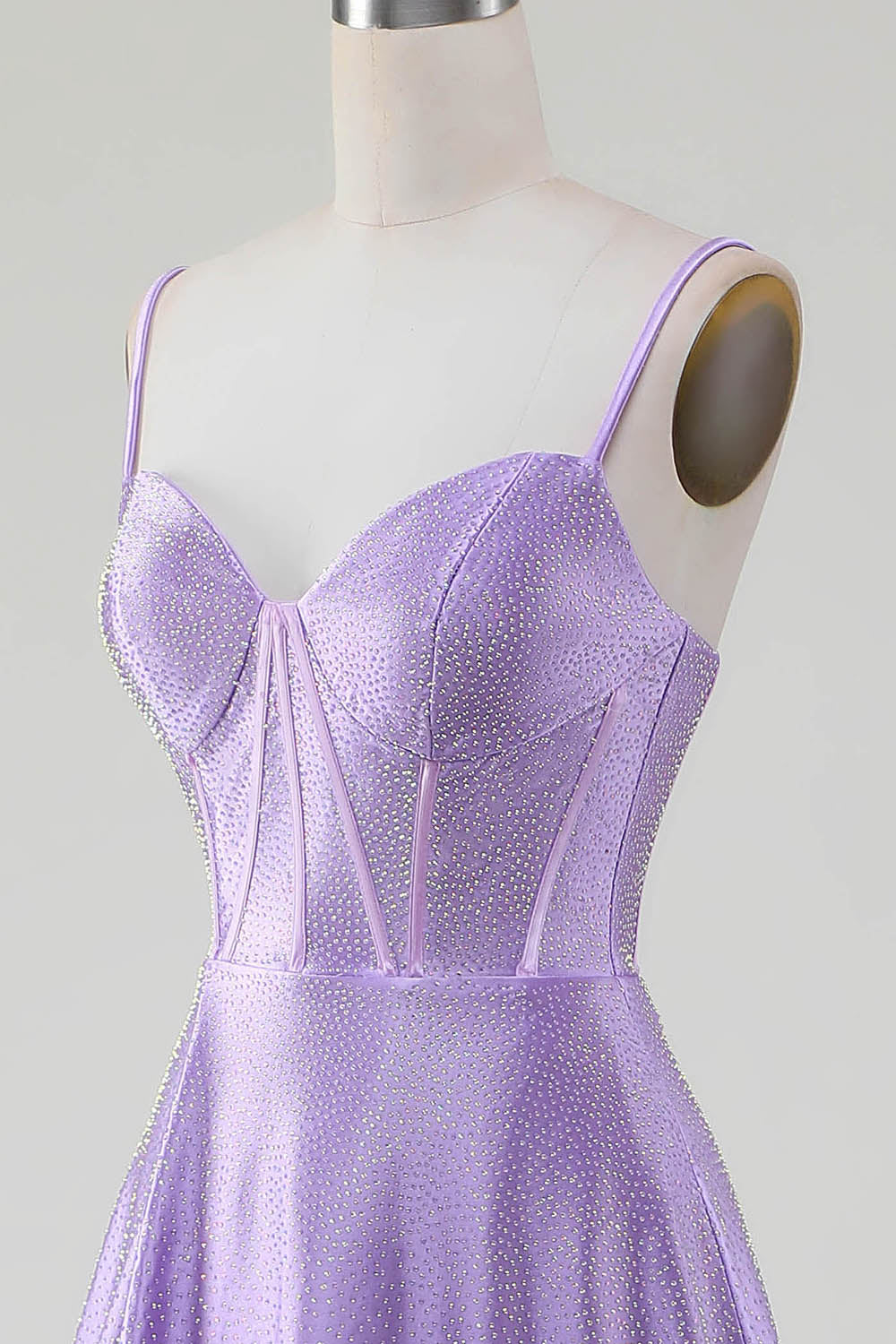 Simple Sparkly Lilac A-Line Side Slit Corset Ball Dresses with Rhinestones