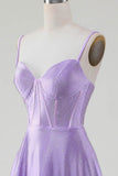 Simple Sparkly Lilac A-Line Side Slit Corset Ball Dresses with Rhinestones