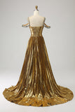 Stunning A Line Off the Shoulder Gold Long Ball Dress with Keyhole