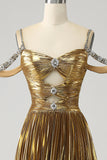 Stunning A Line Off the Shoulder Gold Long Ball Dress with Keyhole