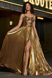 Sparkly Ruched Spaghetti Straps Beaded Metallic Ball Dress With Slit