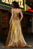 Sparkly Ruched Spaghetti Straps Beaded Metallic Ball Dress With Slit