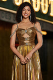 Sparkly Ruched Spaghetti Straps Beaded Metallic Ball Dress With Slit