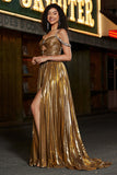 Sparkly Ruched Spaghetti Straps Beaded Metallic Ball Dress With Slit