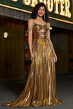 Sparkly Ruched Spaghetti Straps Beaded Metallic Ball Dress With Slit
