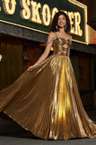 Sparkly Ruched Spaghetti Straps Beaded Metallic Ball Dress With Slit