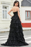 Stylish A Line Strapless Black Tiered Sequins Long Ball Dress with Ruffles