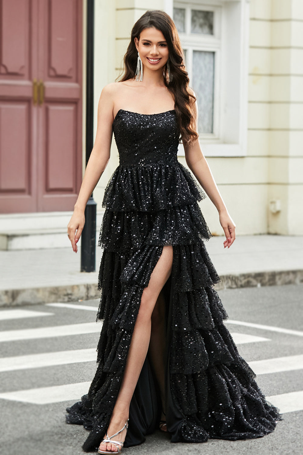 Stylish A Line Strapless Black Tiered Sequins Long Ball Dress with Ruffles