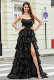 Stylish A Line Strapless Black Tiered Sequins Long Ball Dress with Ruffles