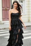Stylish A Line Strapless Black Tiered Sequins Long Ball Dress with Ruffles