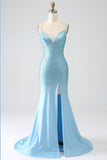 Sparkly Dark Green Spaghetti Straps Beaded Long Mermaid Ball Dress with Slit