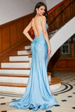 Blue Mermaid  Spaghetti Straps Beaded Sparkly Long Ball Dress with Slit