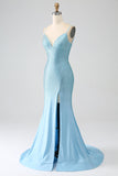 Sparkly Dark Green Spaghetti Straps Beaded Long Mermaid Ball Dress with Slit