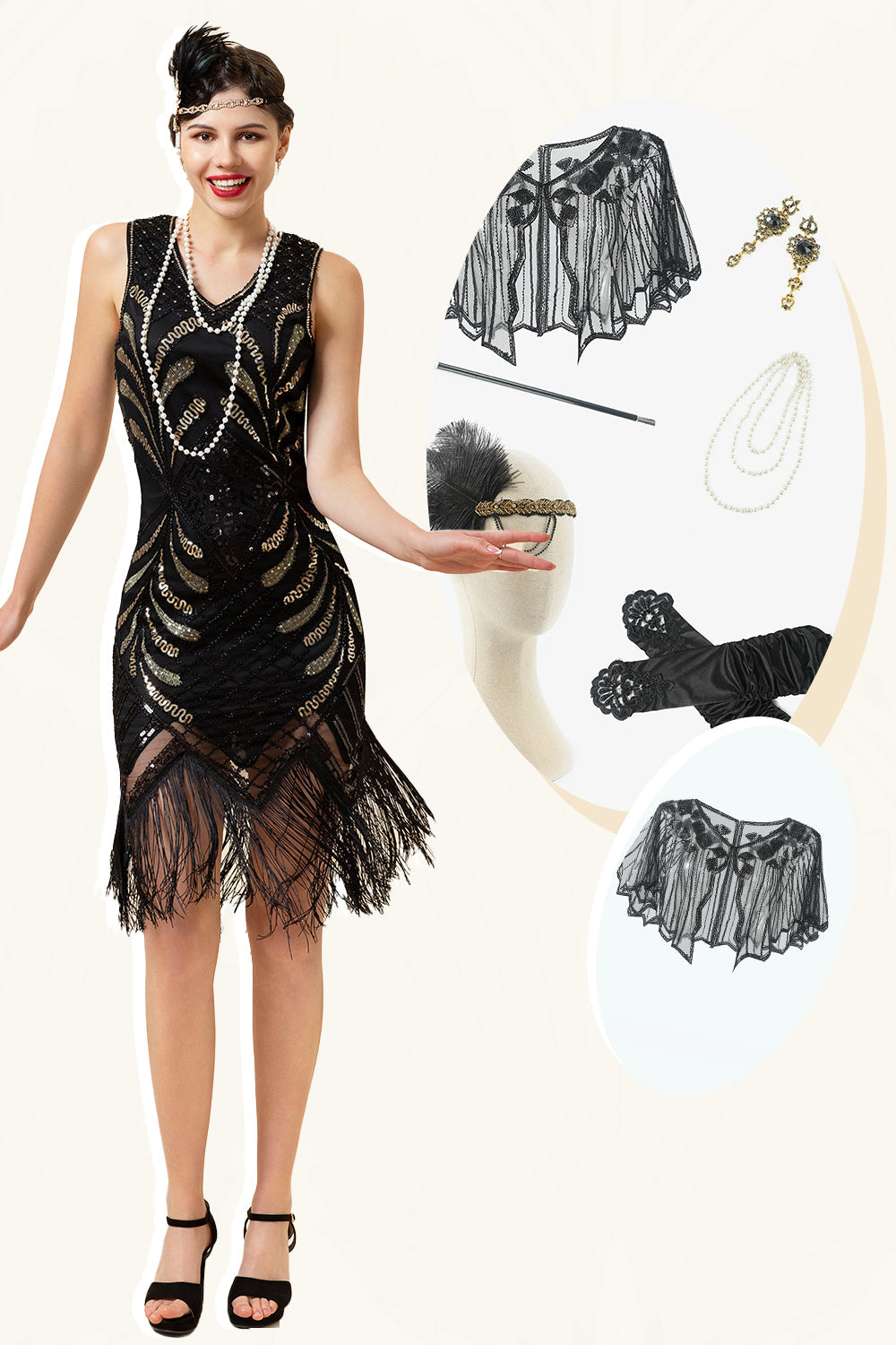 Black Sequins Fringes 1920s Flapper Dress with 20s Accessories Set